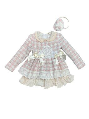Pink Tweed & Lace Girls' Formal Dress with Ivory Accents